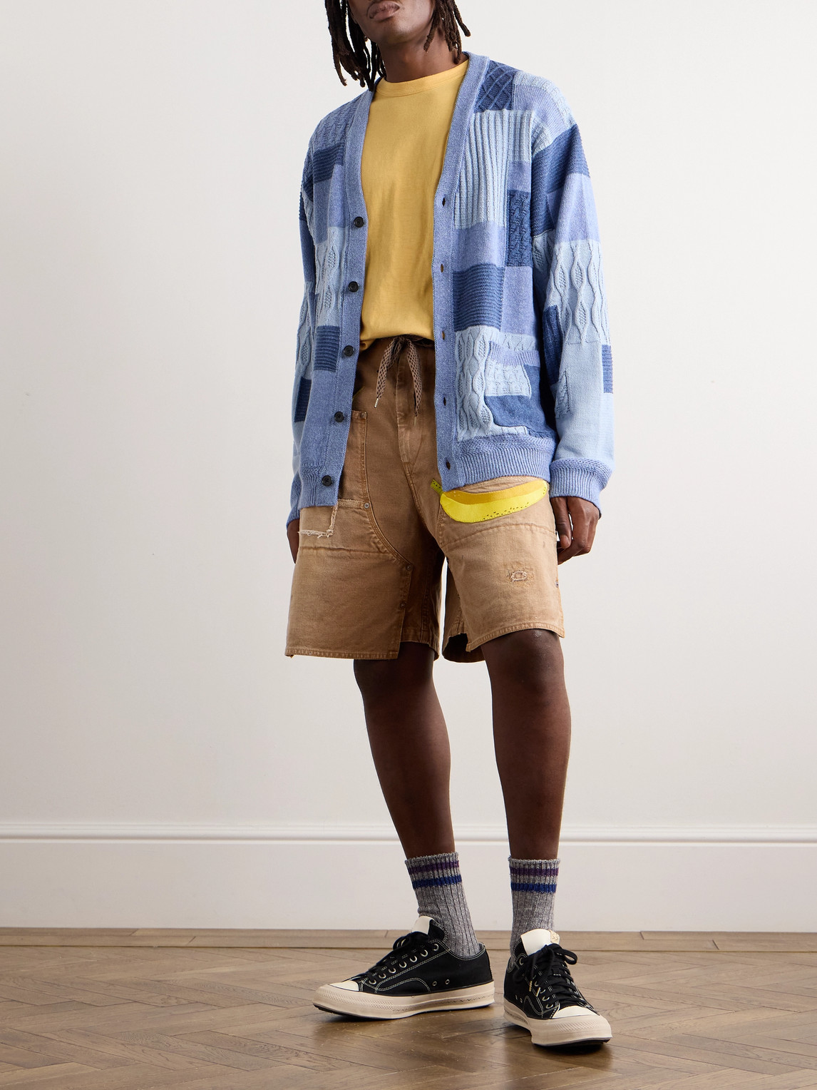 Shop Kapital Wide-leg Appliquéd Distressed Panelled Denim Shorts In Brown