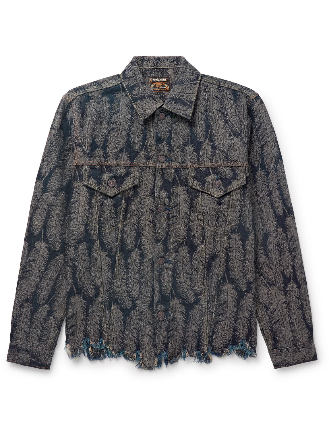 Kapital Magpie Distressed Denim-jacquard Jacket In Gray