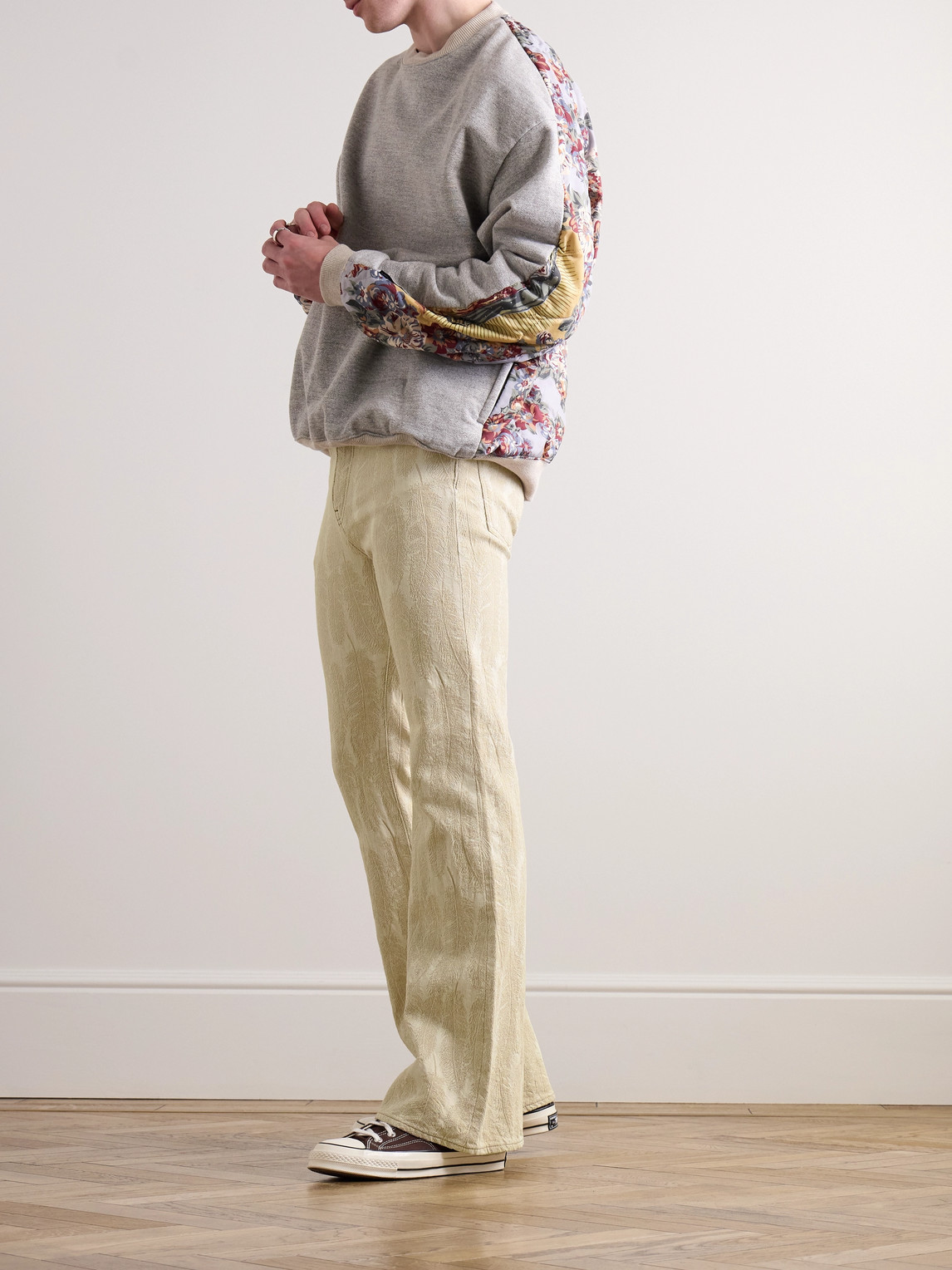 Shop Kapital Magpie Slim-fit Flared Jacquard Jeans In Neutrals