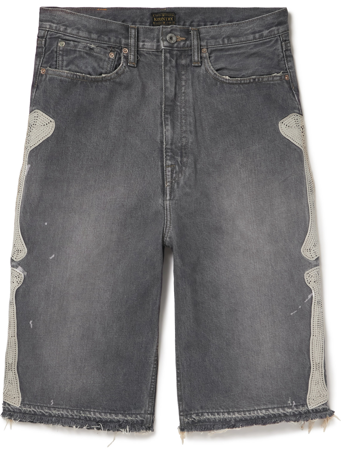 Kapital Wide-leg Appliquéd Distressed Denim Shorts In Black