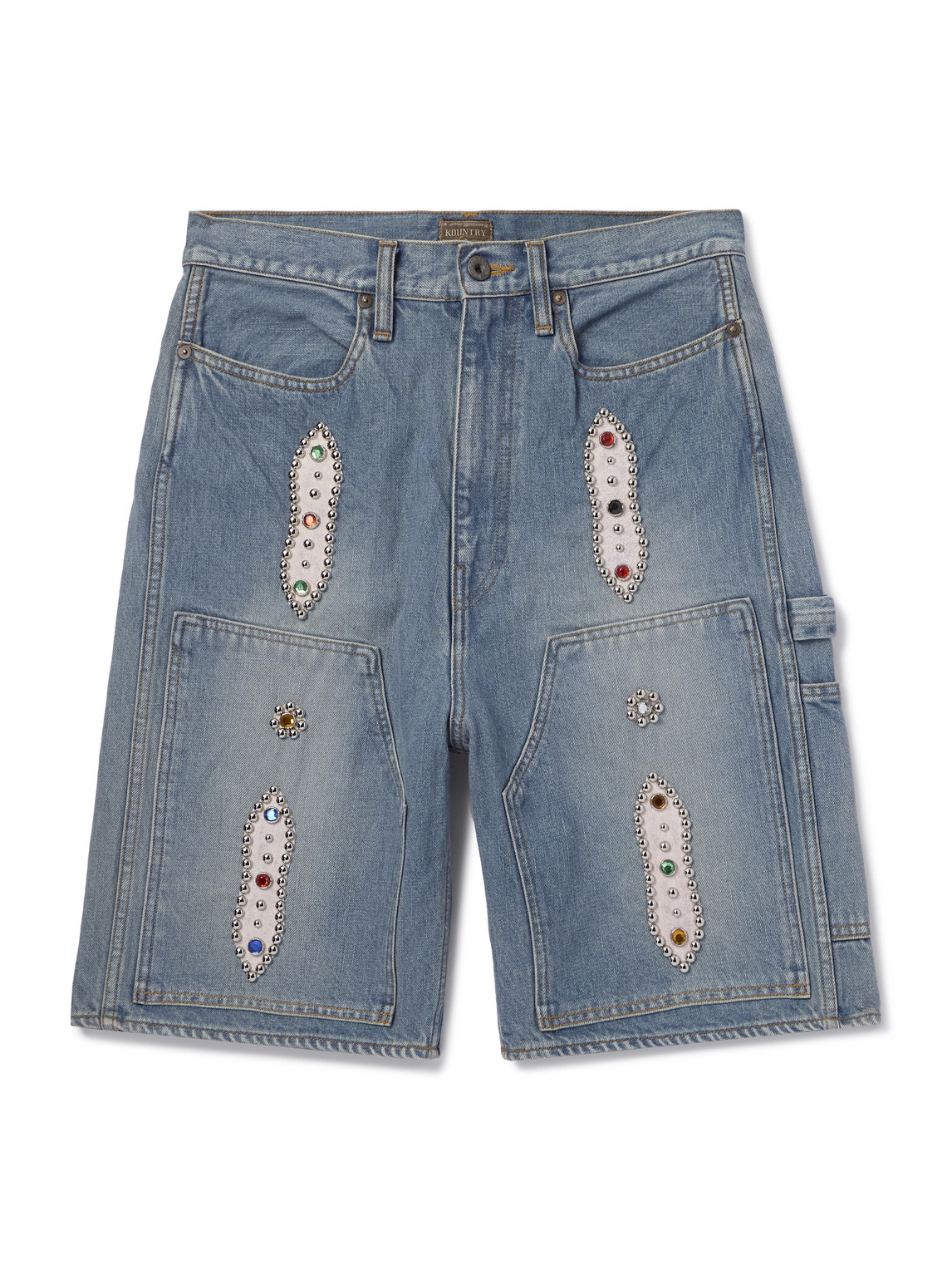 Kapital Straight-leg Leather-trimmed Embellished Denim Shorts In Blue