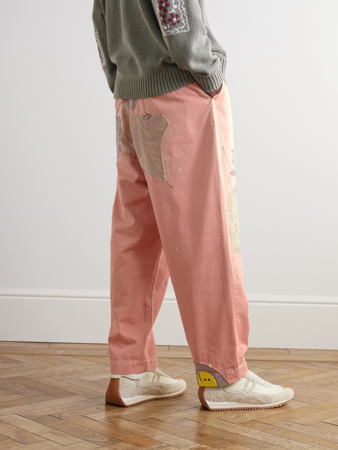 Kapital Katsuragi Tapered Appliquéd Distressed Cotton-twill Trousers In Pink