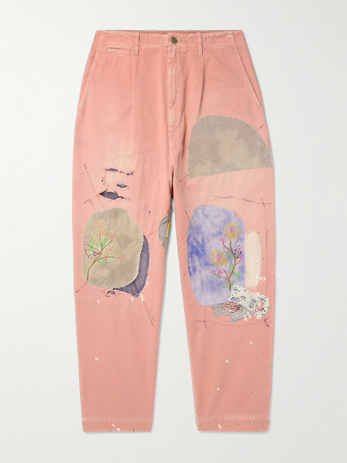 Kapital Katsuragi Tapered Appliquéd Distressed Cotton-twill Trousers In Pink