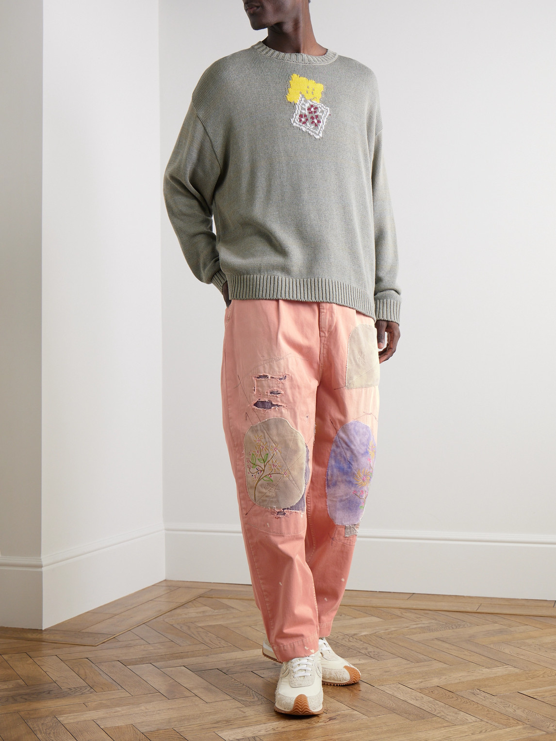 Kapital Katsuragi Tapered Appliquéd Distressed Cotton-twill Trousers In Pink