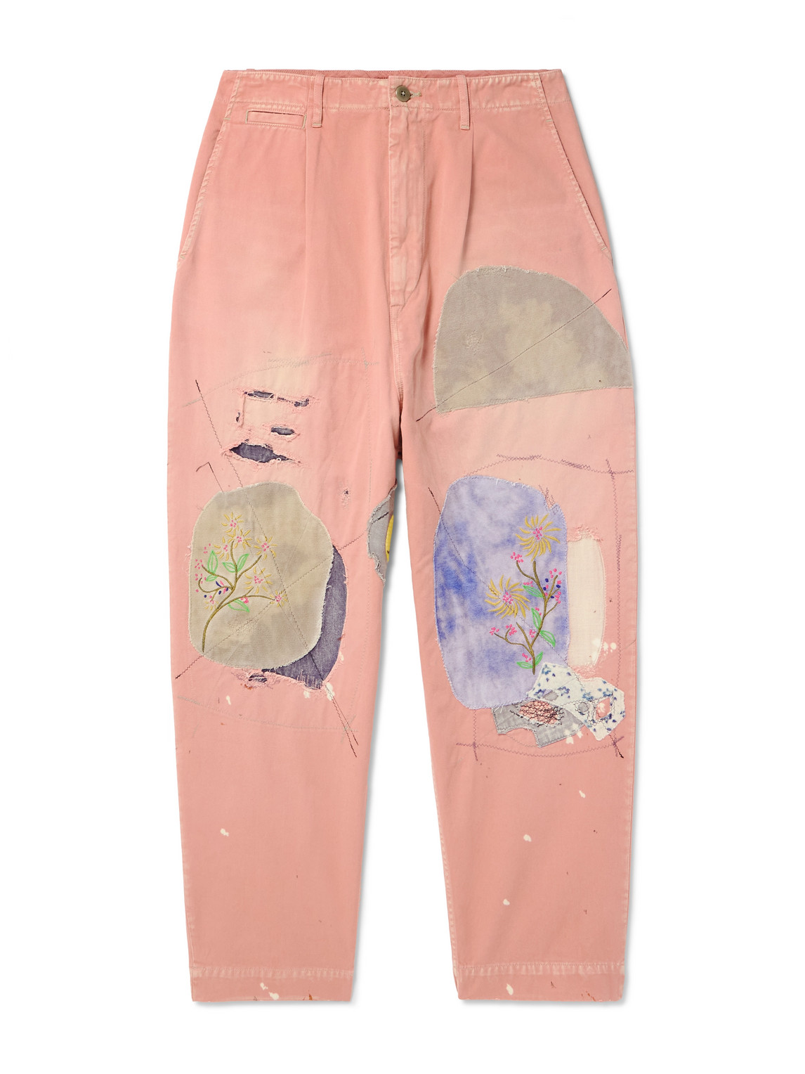Kapital Katsuragi Tapered Appliquéd Distressed Cotton-twill Trousers In Pink