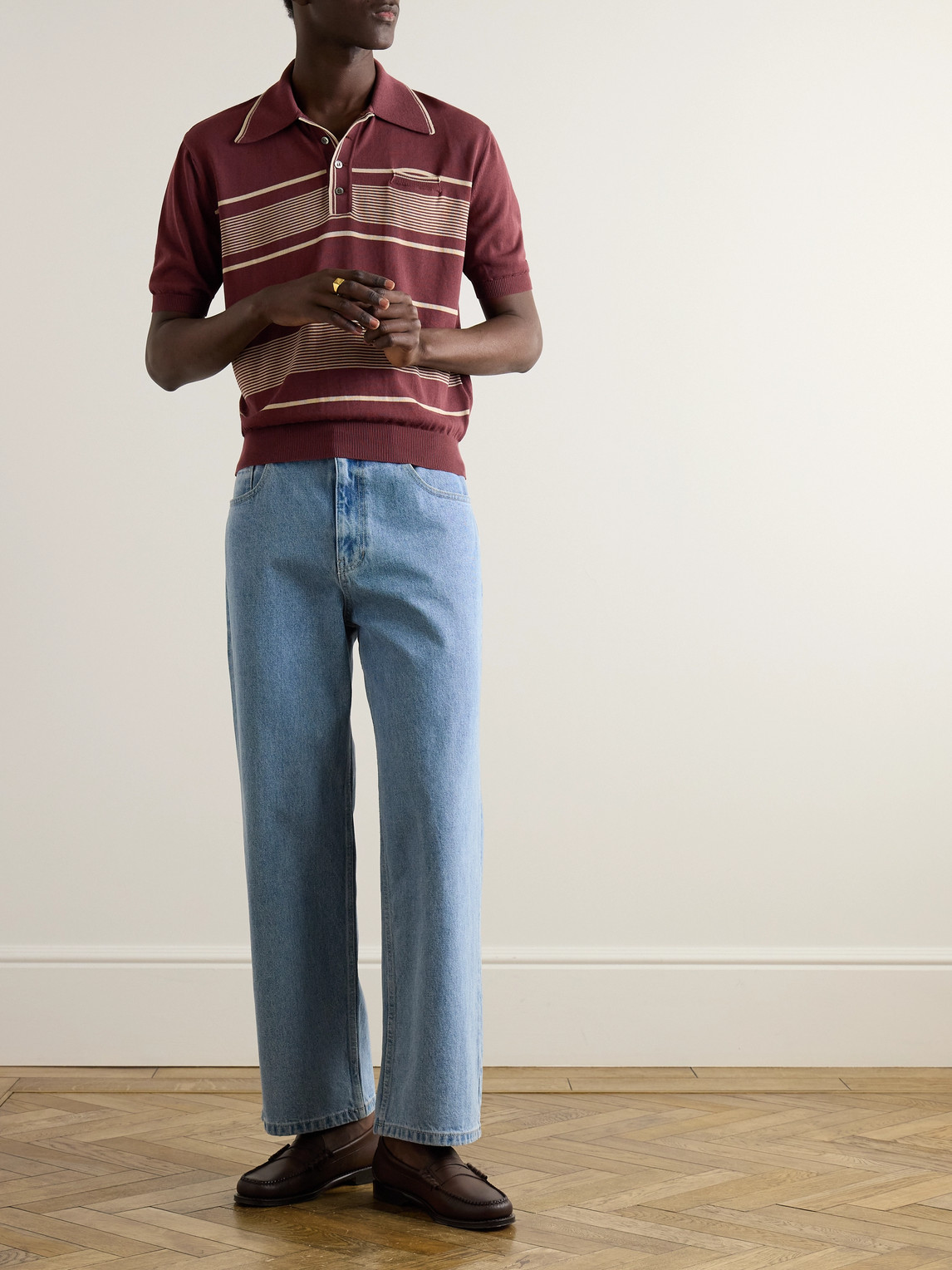 Shop Kapital Carol Striped Cotton-blend Polo Shirt In Burgundy