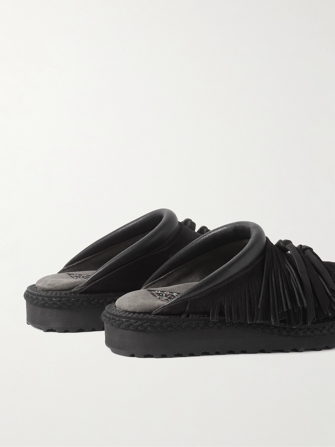 Shop Kapital Pueblo Rain Leather-trimmed Fringed Suede Sandals In Black