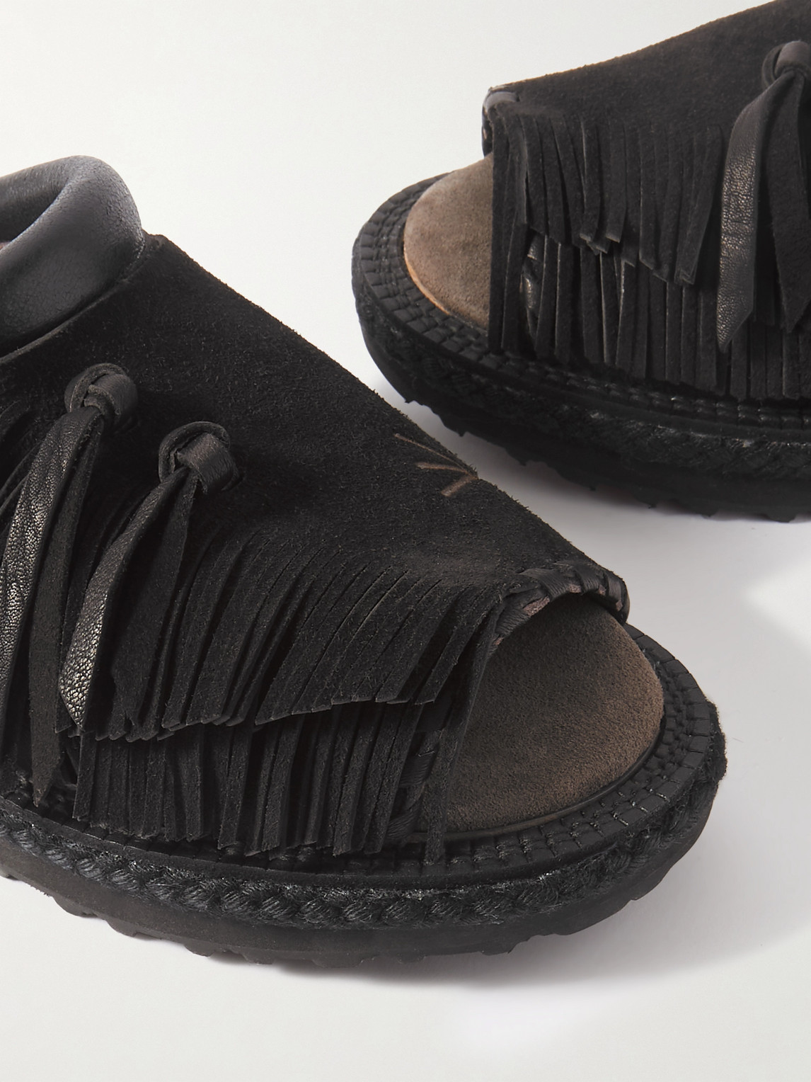 Shop Kapital Pueblo Rain Leather-trimmed Fringed Suede Sandals In Black