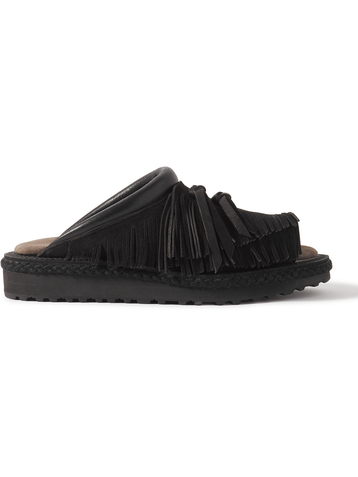 Kapital Pueblo Rain Leather-trimmed Fringed Suede Sandals In Black