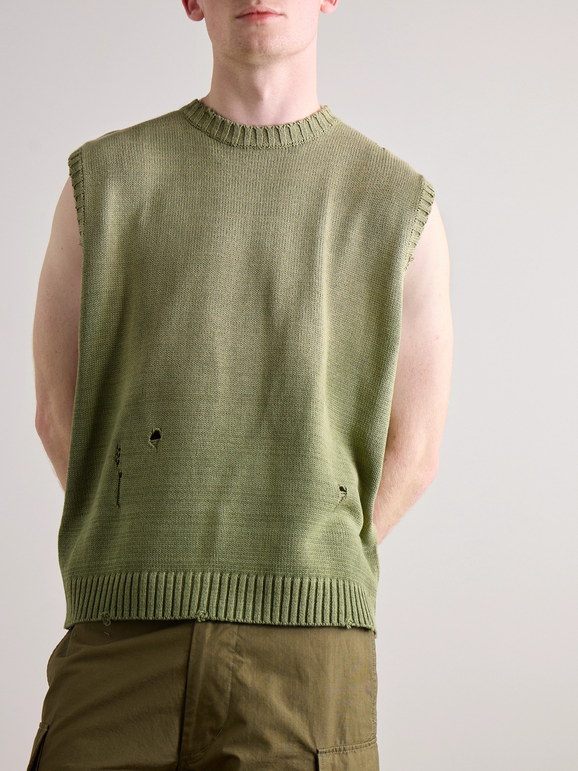 Shop Kapital 5g Distressed Cotton-blend Jacquard Sweater Vest In Green