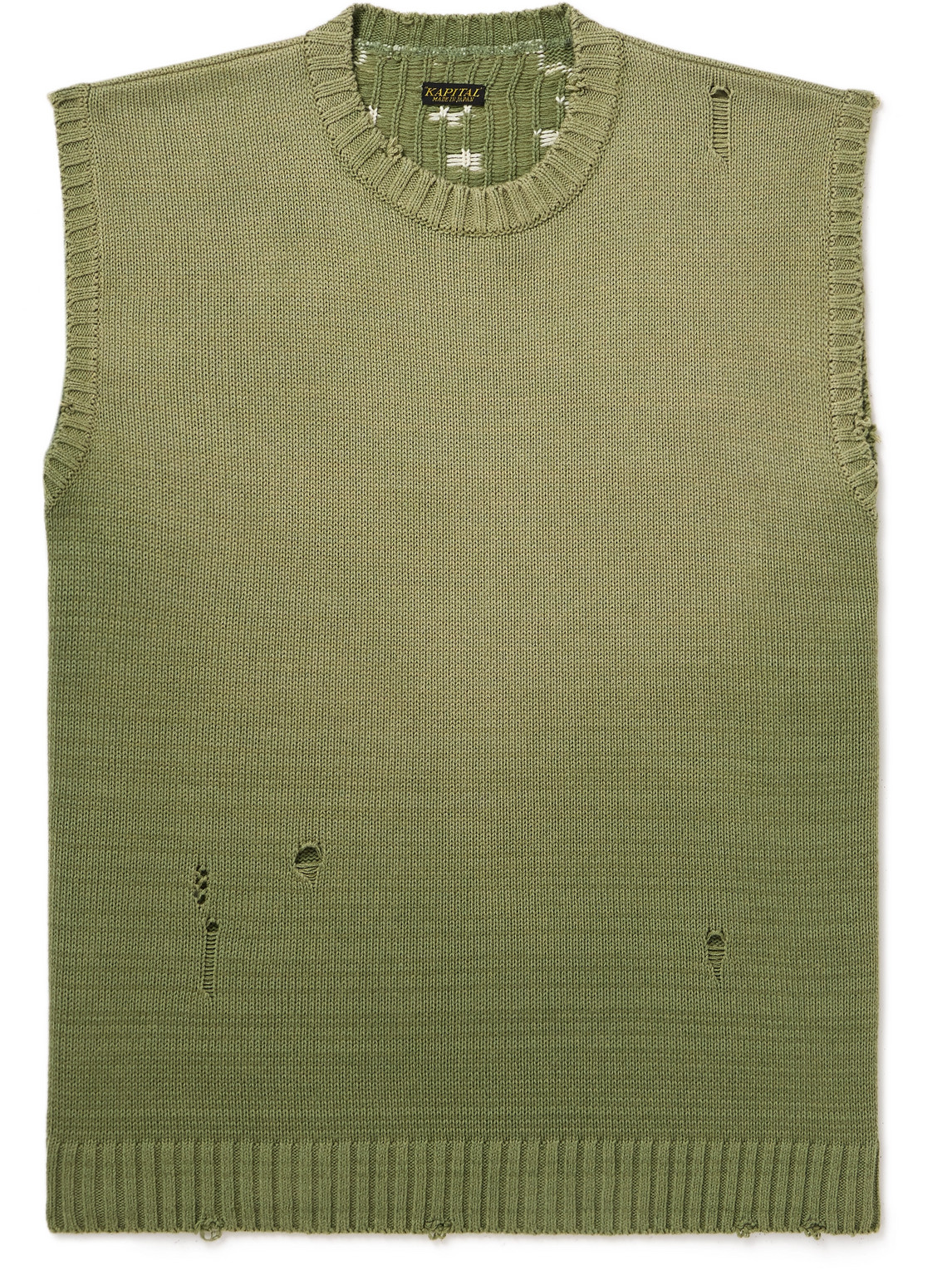 Kapital 5g Distressed Cotton-blend Jacquard Sweater Vest In Green