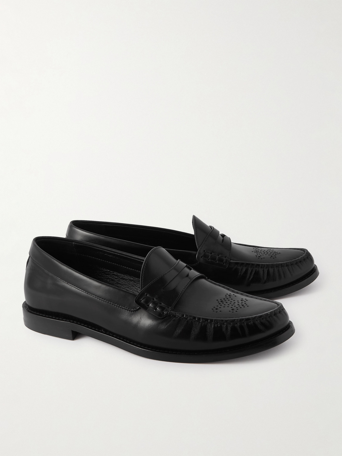 Celine Vivienne Perforated Glossed-leather Penny Loafers In Black