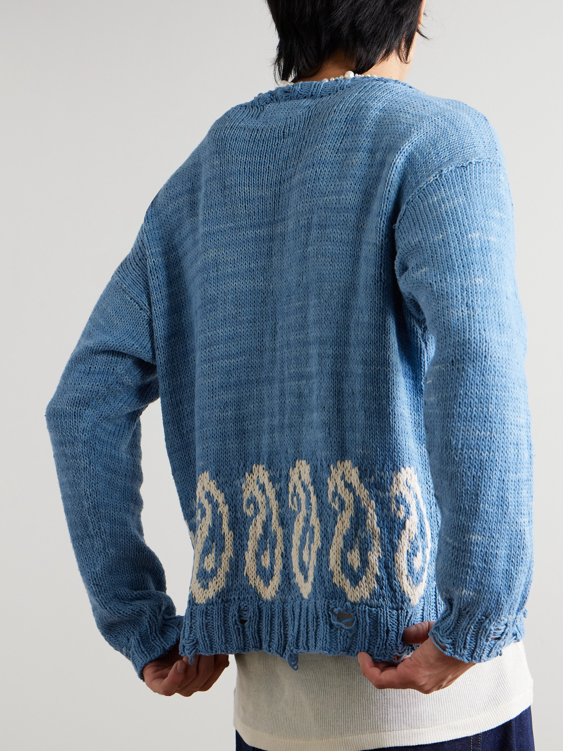Shop Kartik Research Distressed Intarsia-knit Cotton Cardigan In Blue