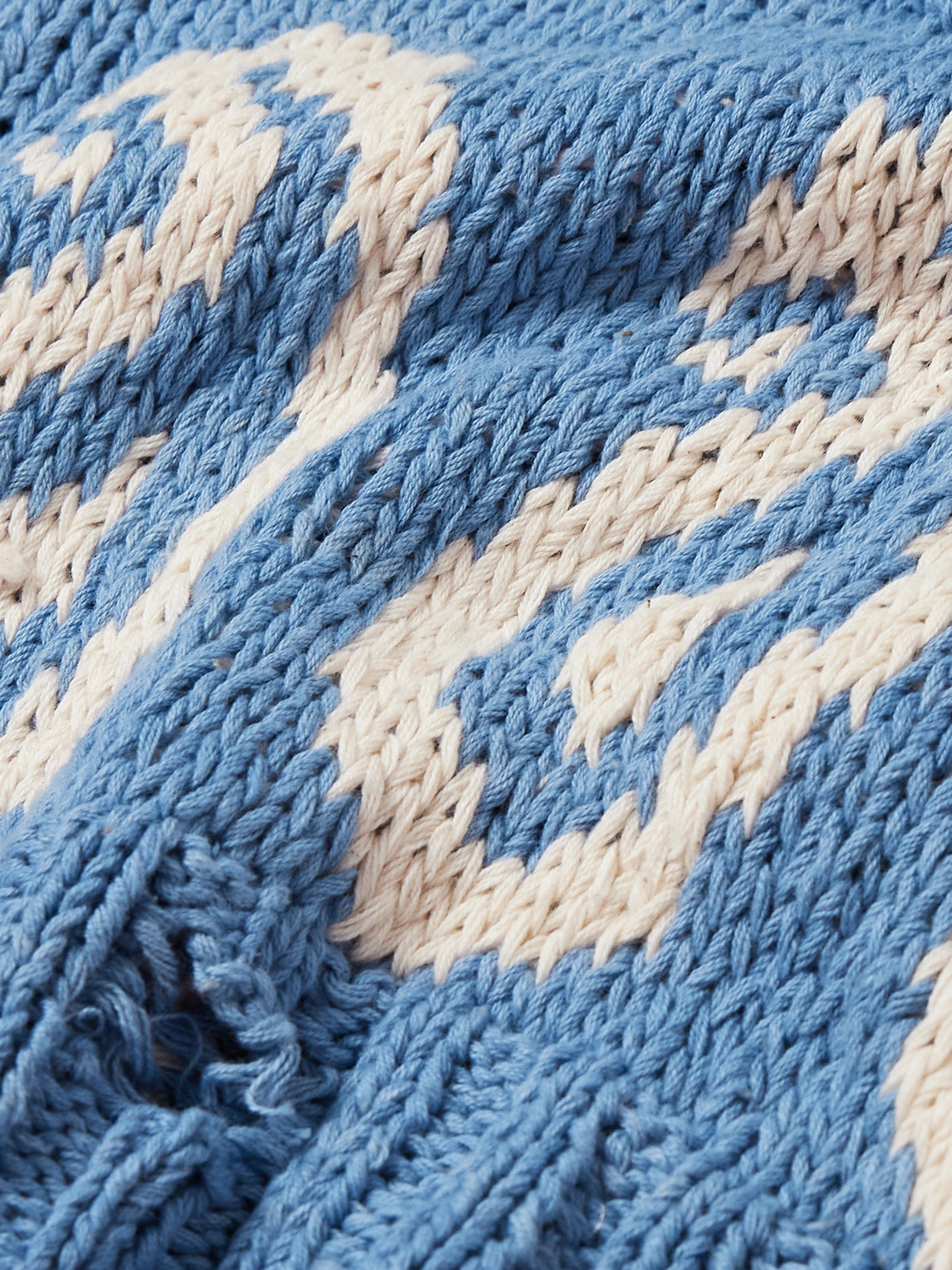 Shop Kartik Research Distressed Intarsia-knit Cotton Cardigan In Blue