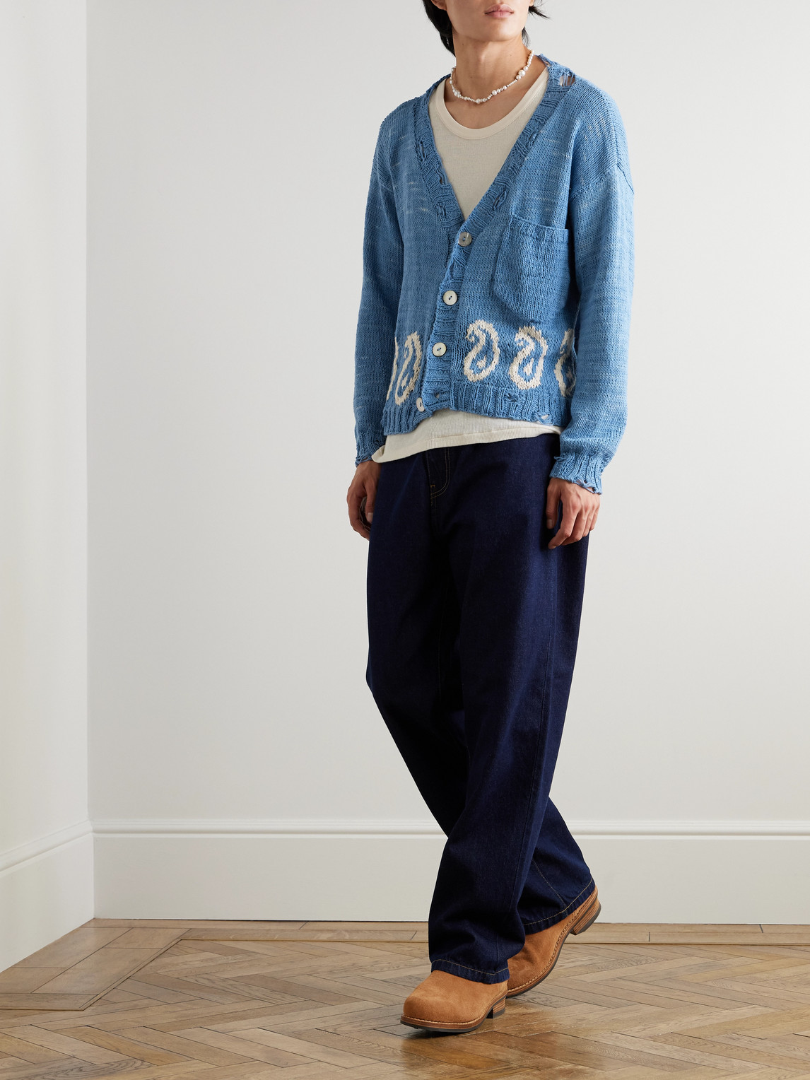 Shop Kartik Research Distressed Intarsia-knit Cotton Cardigan In Blue