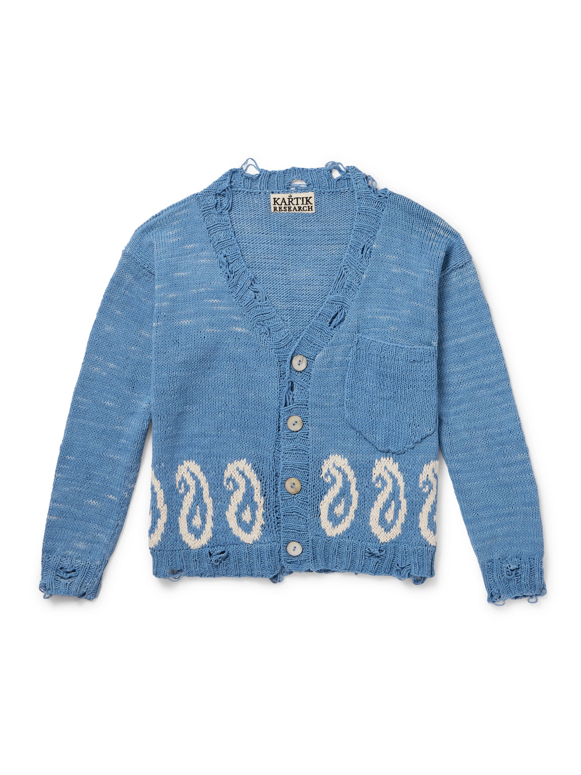 Kartik Research Distressed Intarsia-knit Cotton Cardigan In Blue