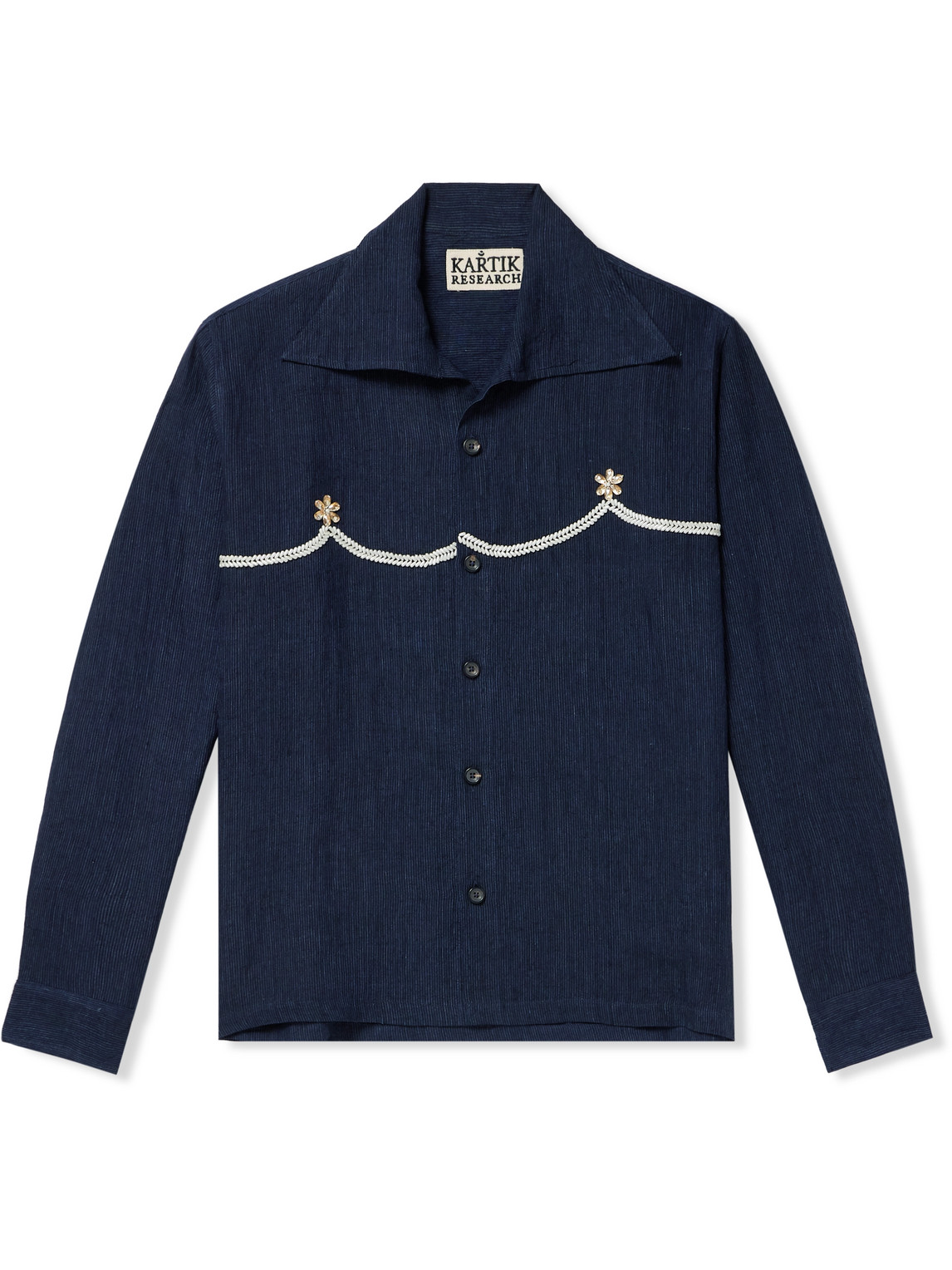 Kartik Research Embellished Striped Cotton Shirt In Blue