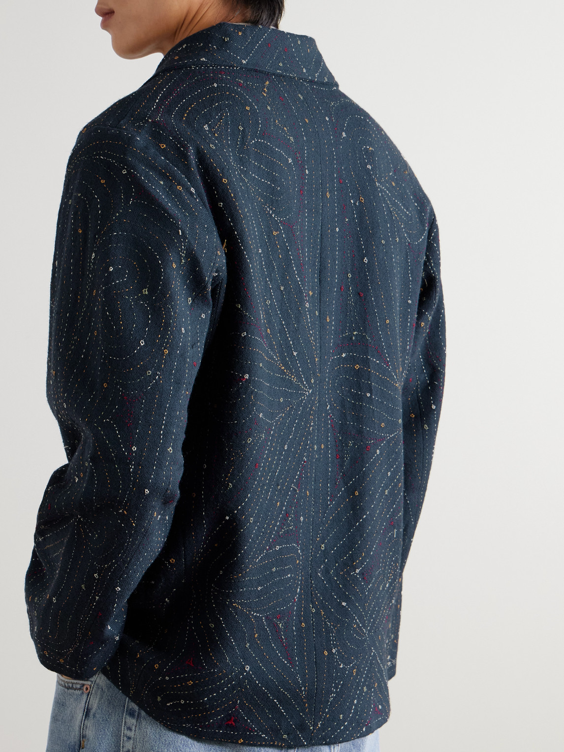 Shop Kartik Research Double-breasted Embroidered Wool Blazer In Blue