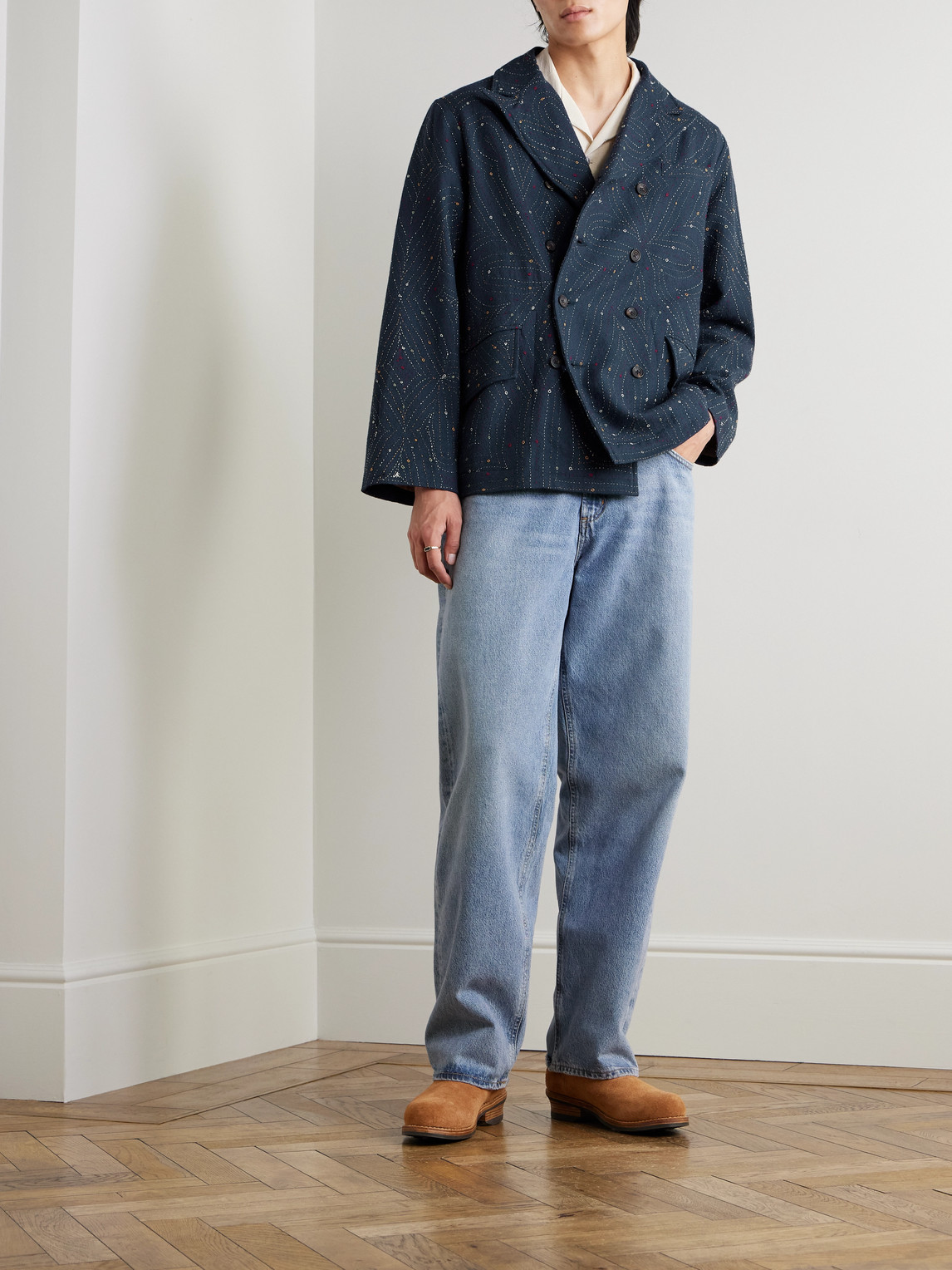 Shop Kartik Research Double-breasted Embroidered Wool Blazer In Blue