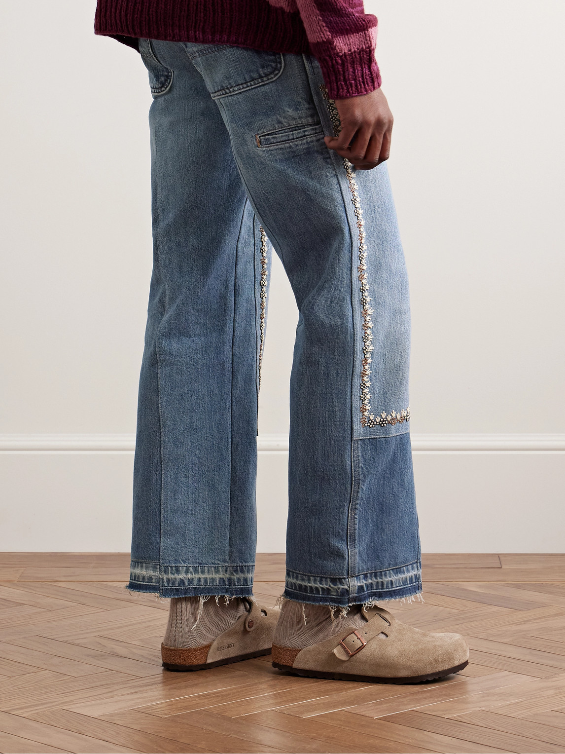 Shop Kartik Research Straight-leg Patchwork Embellished Upcycled Jeans In Blue