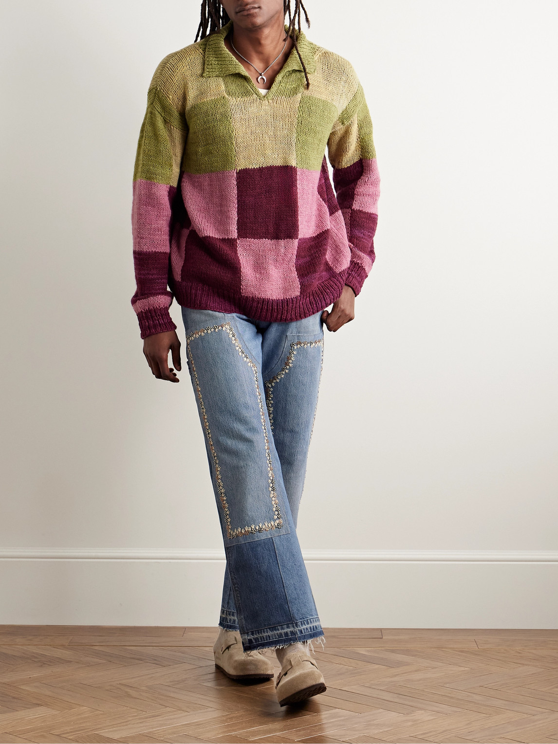 Shop Kartik Research Straight-leg Patchwork Embellished Upcycled Jeans In Blue