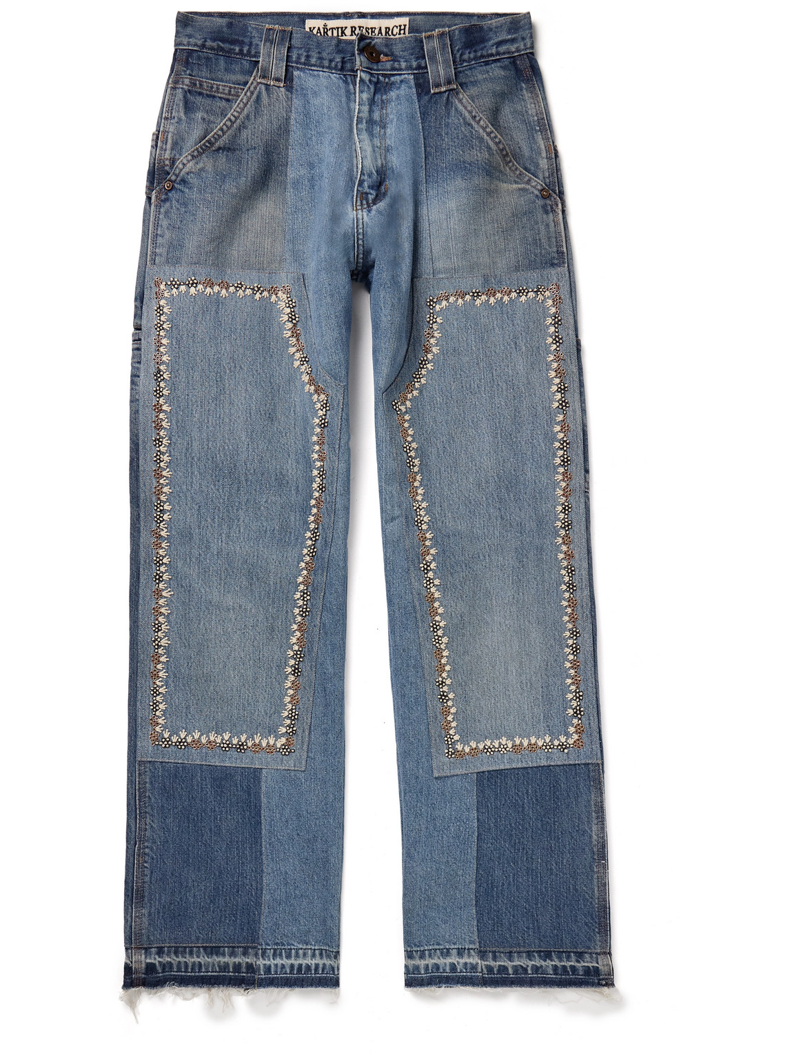Kartik Research Straight-leg Patchwork Embellished Upcycled Jeans In Blue
