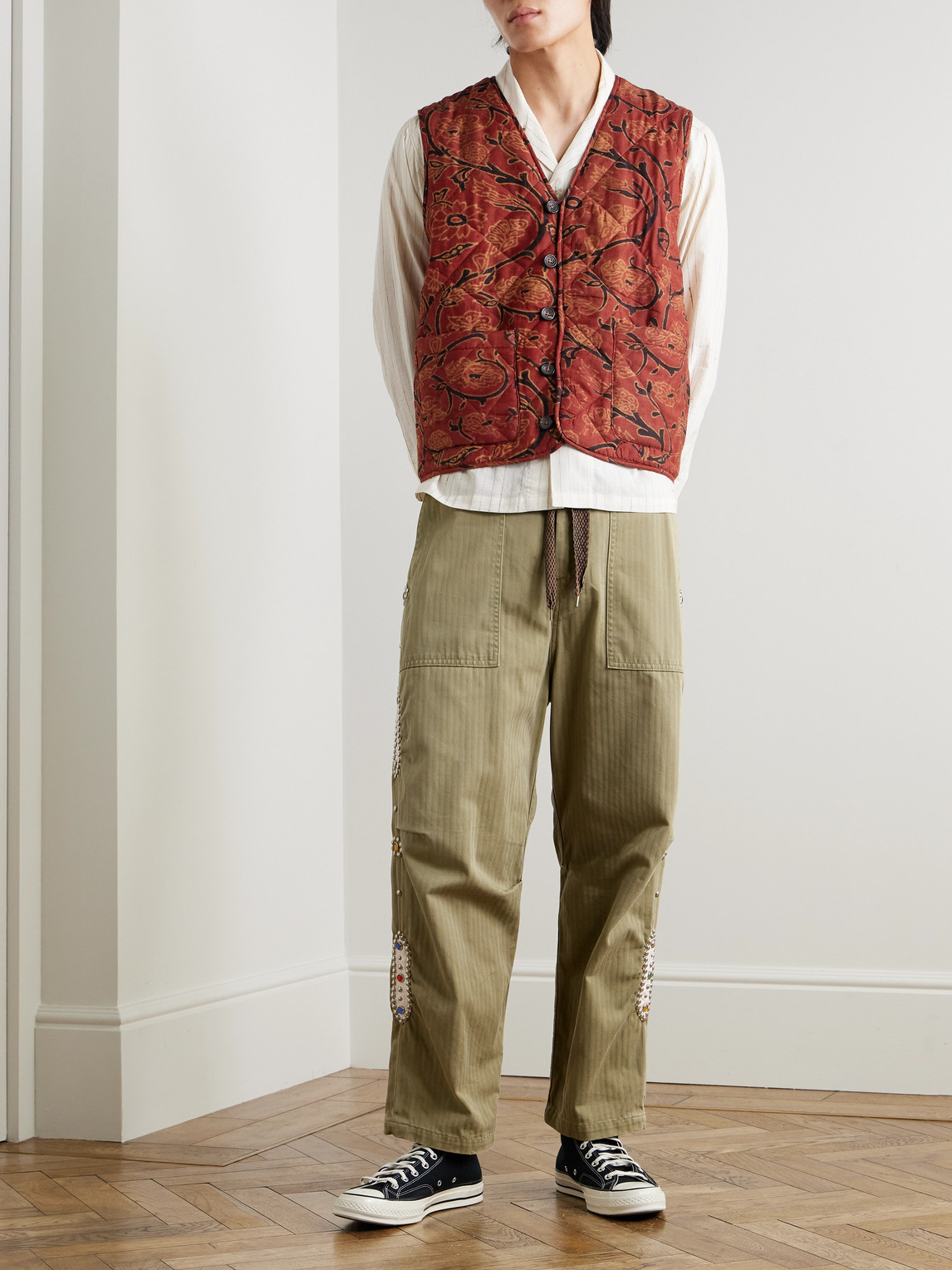 Shop Kartik Research Printed Quilted Silk Vest In Red