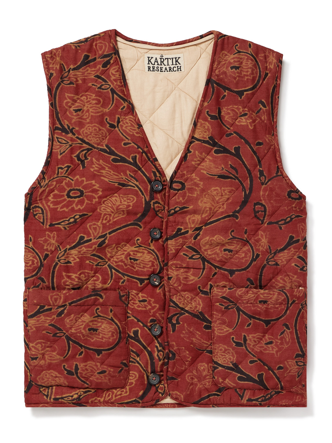 Kartik Research Printed Quilted Silk Vest In Red