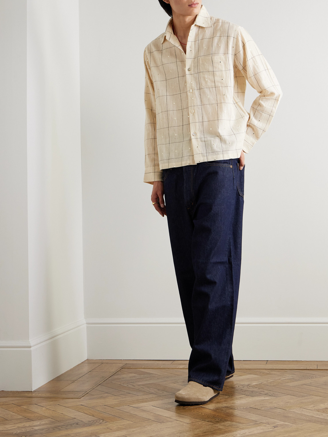 Shop Kartik Research Embellished Checked Cotton Shirt In Neutrals