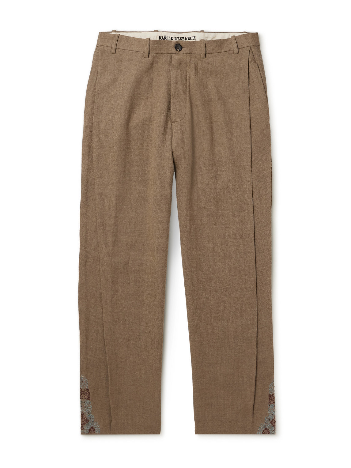 Kartik Research Straight-leg Embellished Wool Trousers In Brown