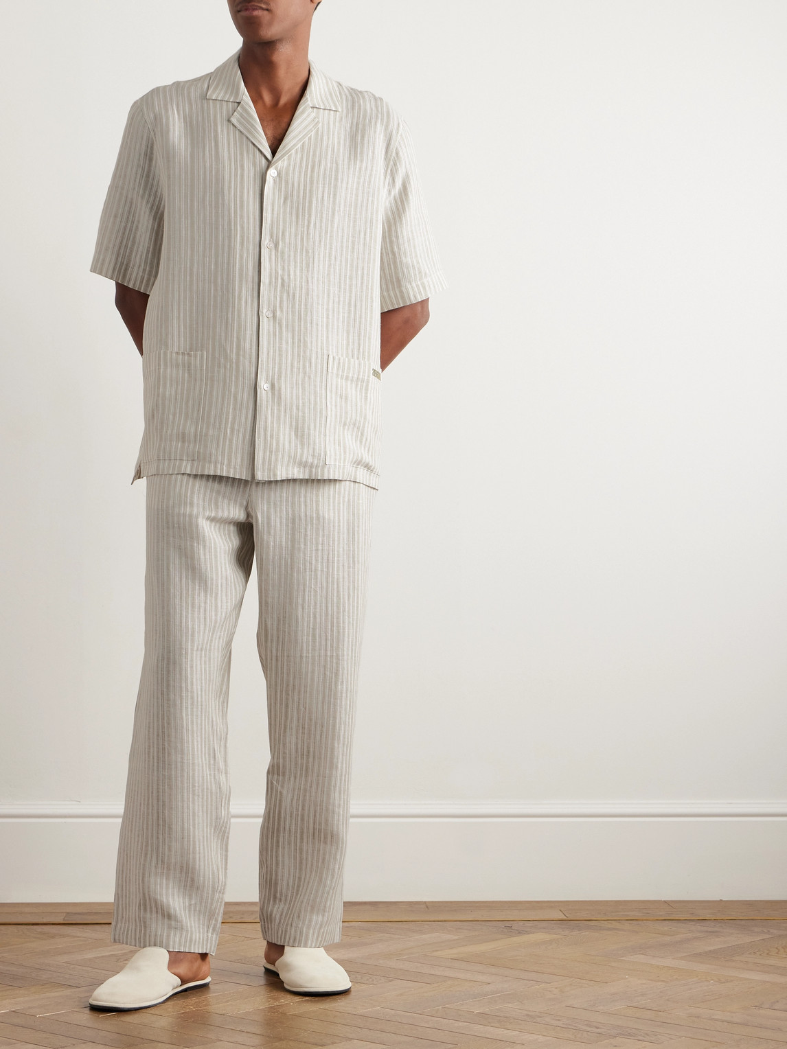 Shop Zegna Logo-embroidered Striped Linen Pyjama Set In Neutrals