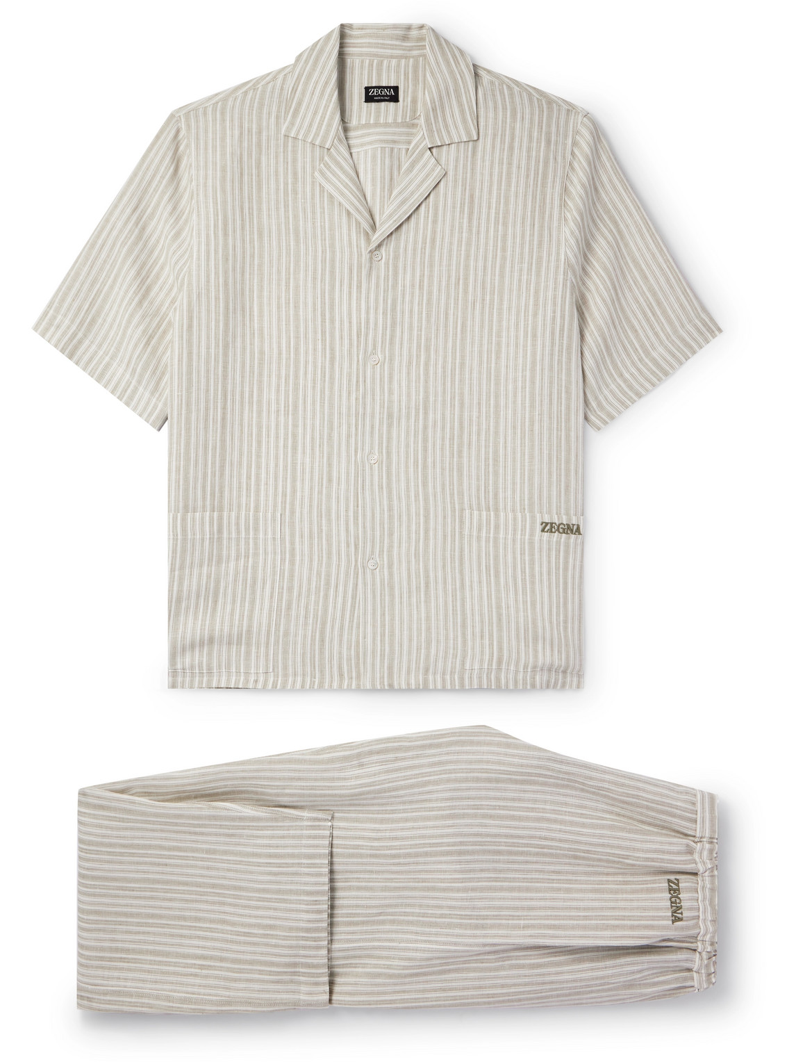 Zegna Logo-embroidered Striped Linen Pyjama Set In Neutrals