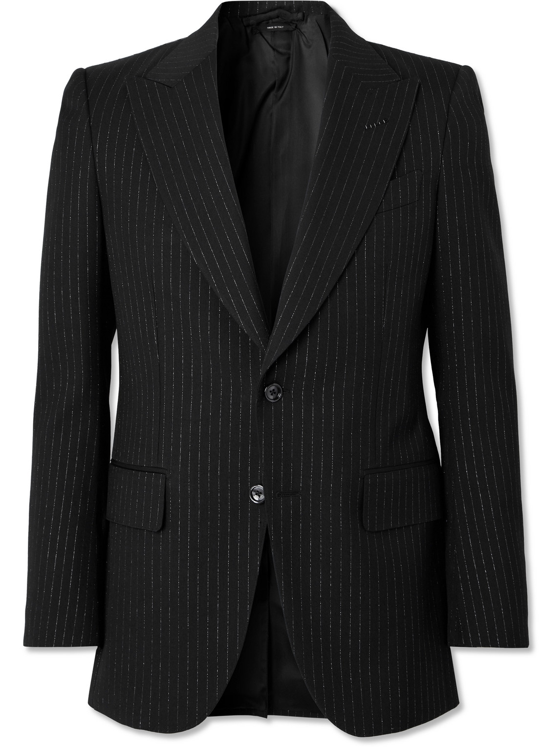 Tom Ford Dyylan Slim-fit Pinstriped Metallic Wool-blend Twill Suit Jacket In Black