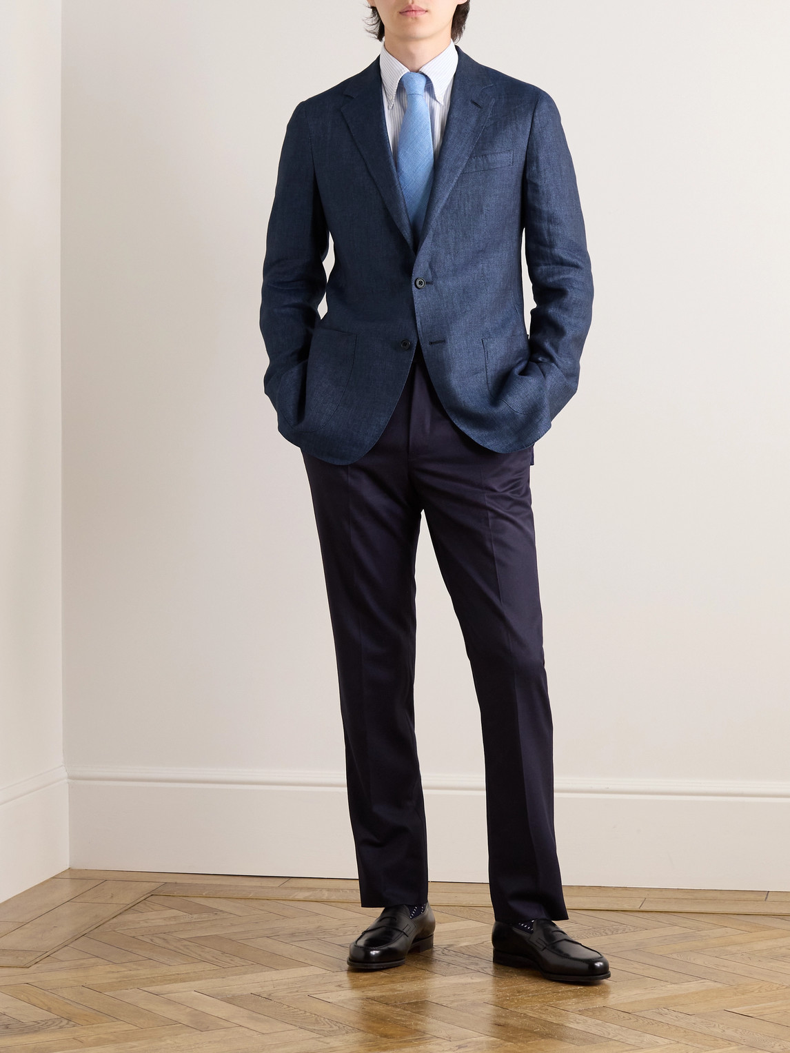 Shop Kingsman Slim-fit Linen Blazer In Blue