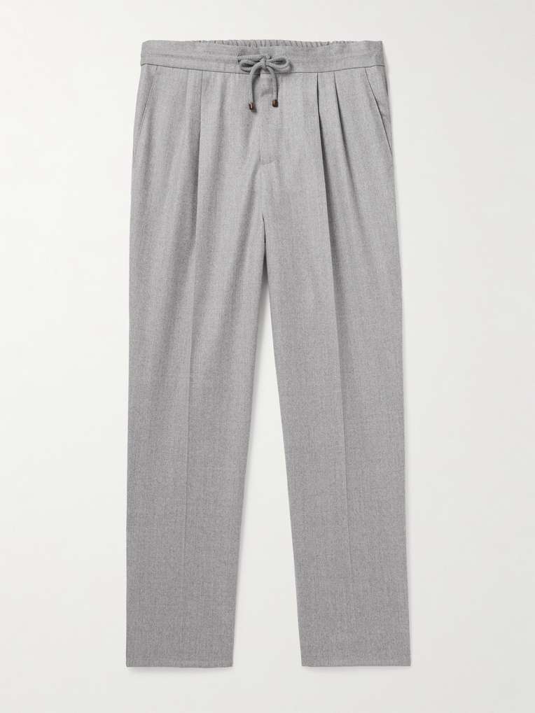 Brunello Cucinelli — Tapered Pleated Virgin Wool-Flannel Drawstring Trousers