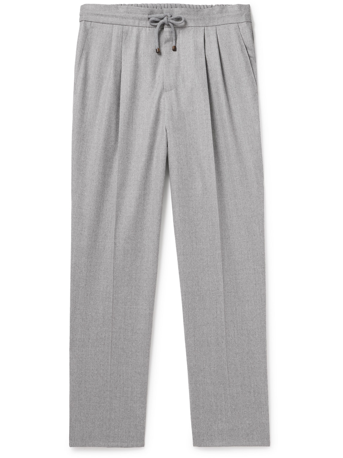 Brunello Cucinelli Tapered Pleated Virgin Wool-flannel Drawstring Trousers In Grey