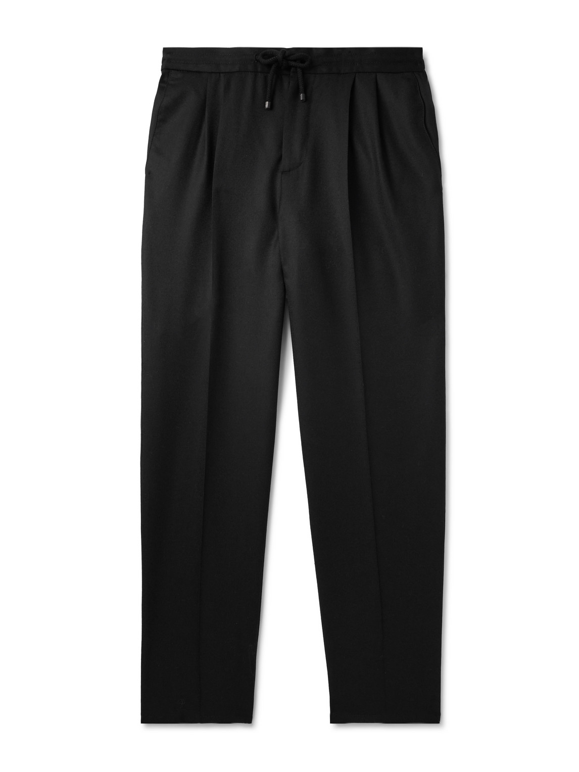 Brunello Cucinelli Tapered Pleated Virgin Wool-flannel Drawstring Trousers In Black