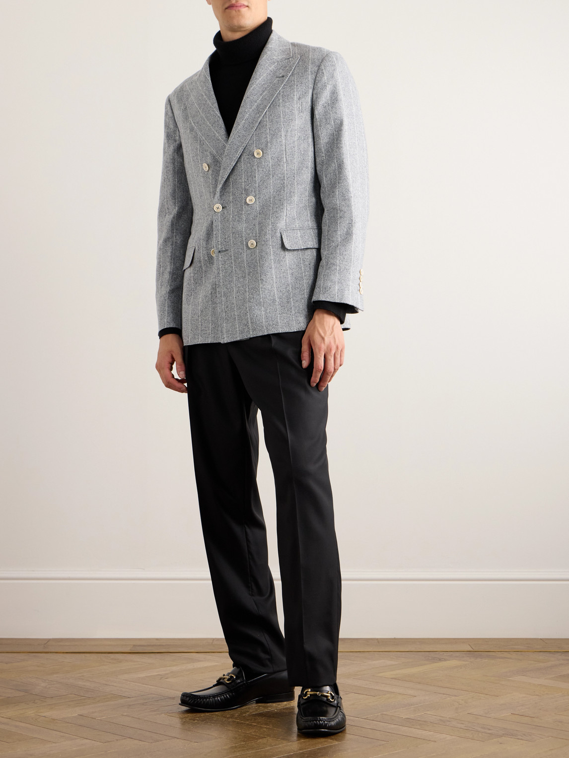 Shop Brunello Cucinelli Double-breasted Striped Silk, Wool And Cashmere-blend Blazer In Unknown