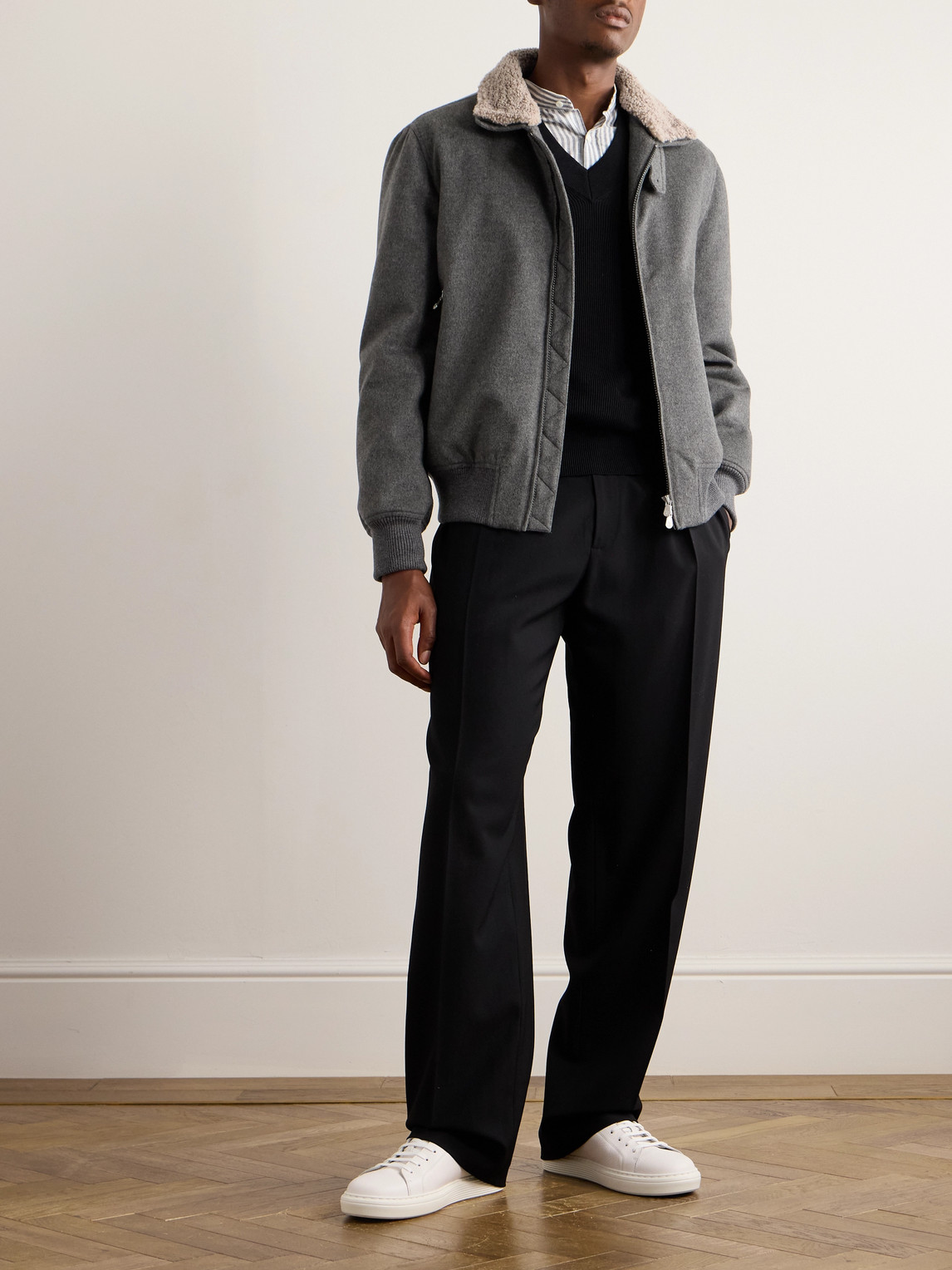 Shop Brunello Cucinelli Shearling-trimmed Padded Cashmere Bomber Jacket In Gray