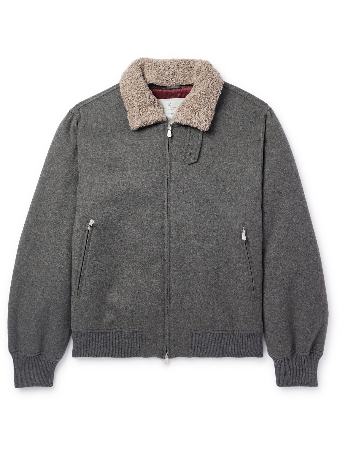 Brunello Cucinelli Shearling-trimmed Padded Cashmere Bomber Jacket In Gray