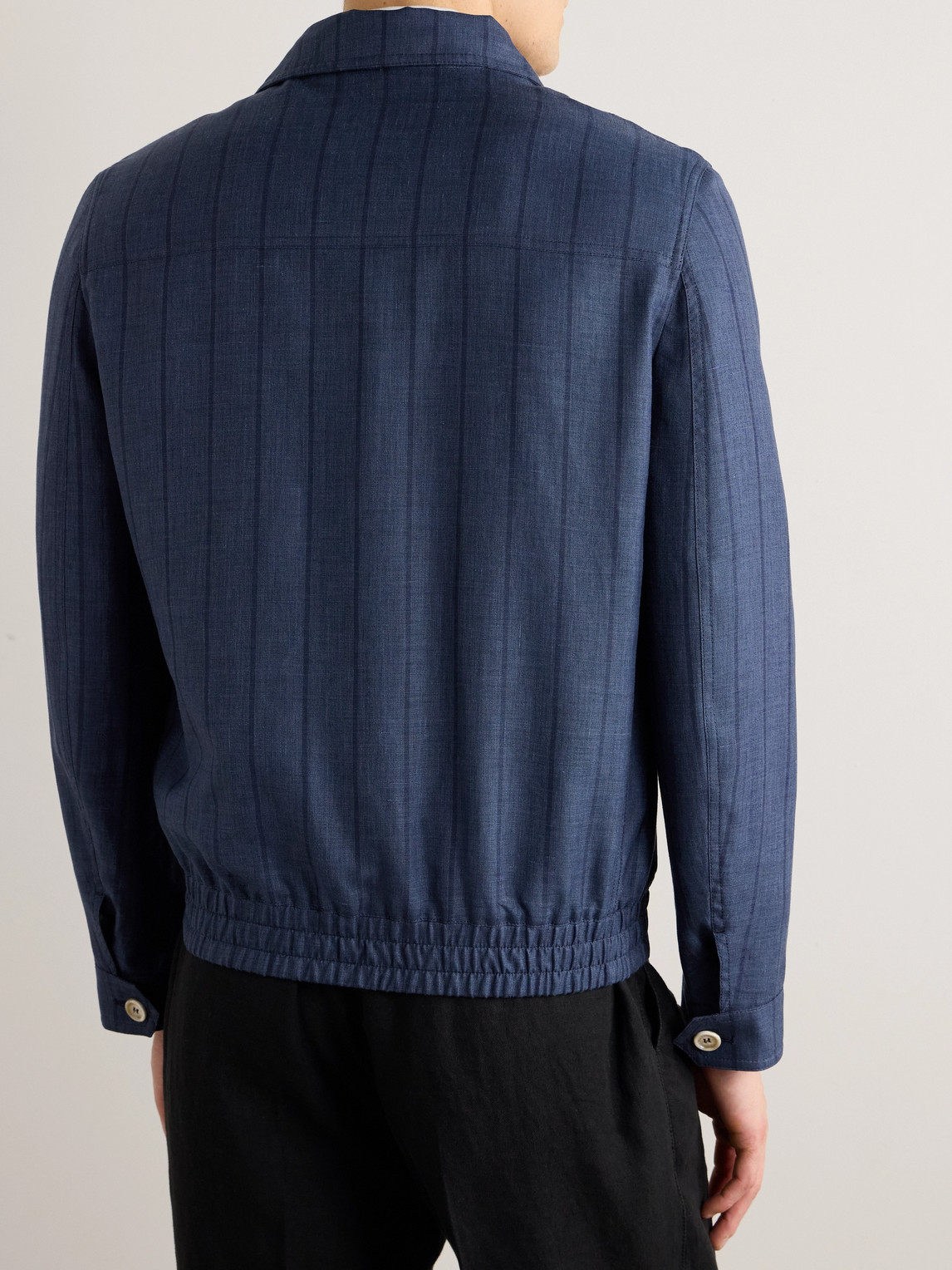 Shop Brunello Cucinelli Striped Wool, Linen, Silk And Ramie-blend Bomber Jacket In Blue