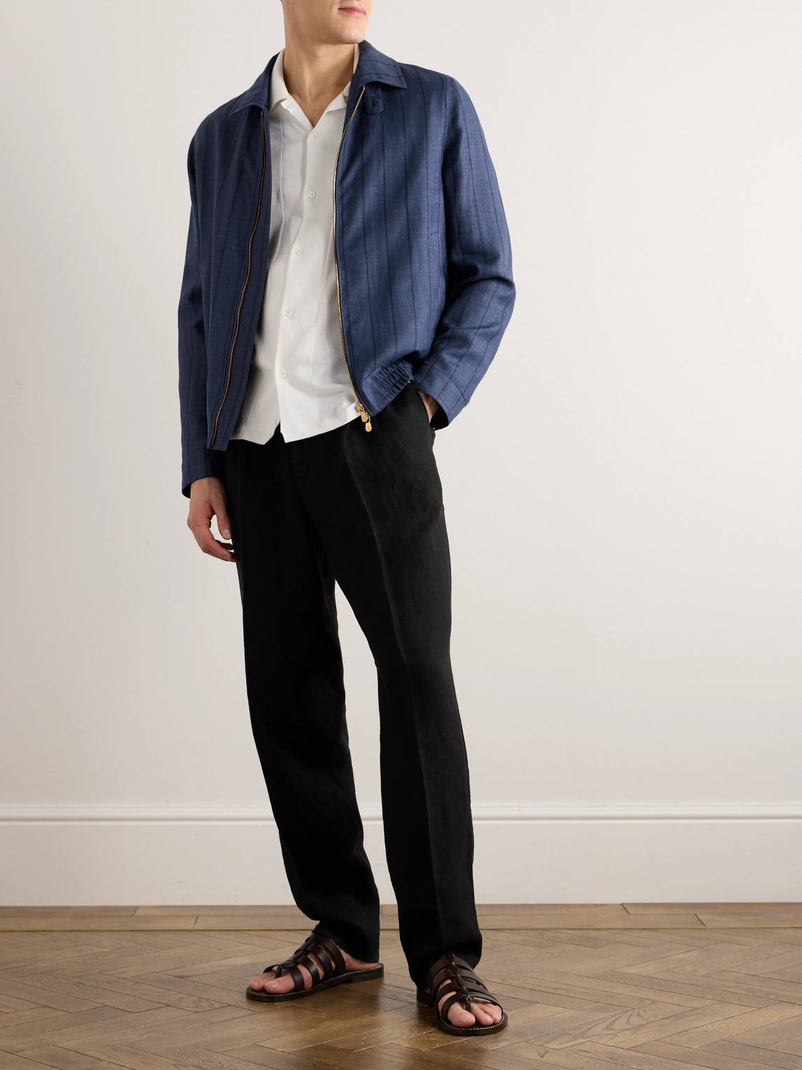 Shop Brunello Cucinelli Striped Wool, Linen, Silk And Ramie-blend Bomber Jacket In Blue