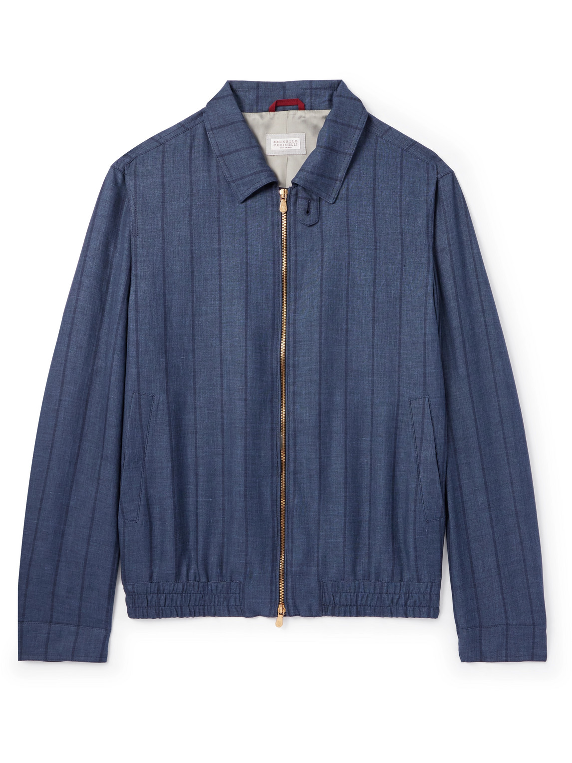 Brunello Cucinelli Striped Wool, Linen, Silk And Ramie-blend Bomber Jacket In Blue