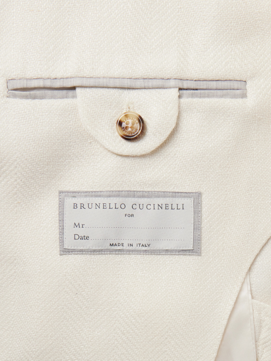 BRUNELLO CUCINELLI DOUBLE-BREASTED HERRINGBONE LINEN, SILK, WOOL AND COTTON-BLEND BLAZER
