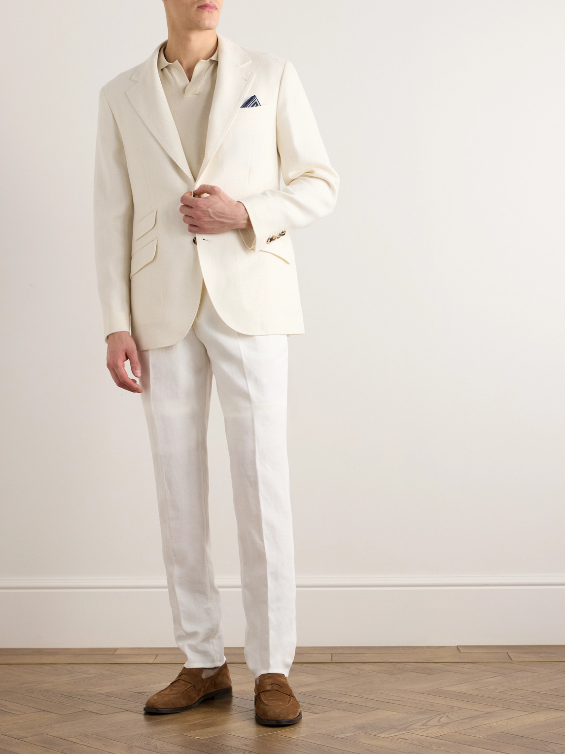 BRUNELLO CUCINELLI DOUBLE-BREASTED HERRINGBONE LINEN, SILK, WOOL AND COTTON-BLEND BLAZER