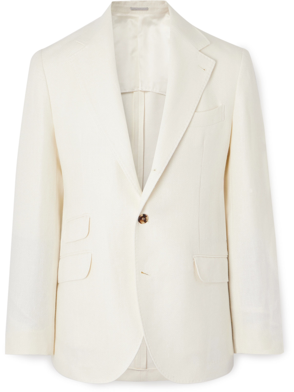 Brunello Cucinelli Double-breasted Herringbone Linen, Silk, Wool And Cotton-blend Blazer In Neutrals