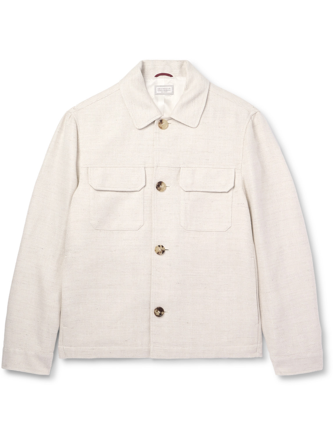 Brunello Cucinelli Herringbone Linen, Silk, Wool And Cotton-blend Overshirt In Neutrals