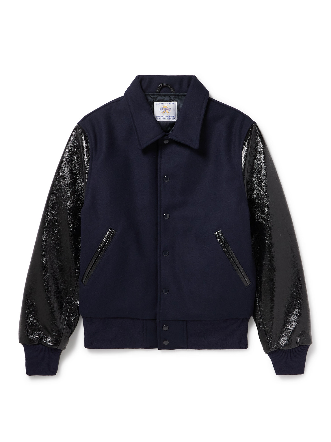 Golden Bear Padded Wool-blend Felt And Cracked Glossed-leather Varsity Jacket In Blue