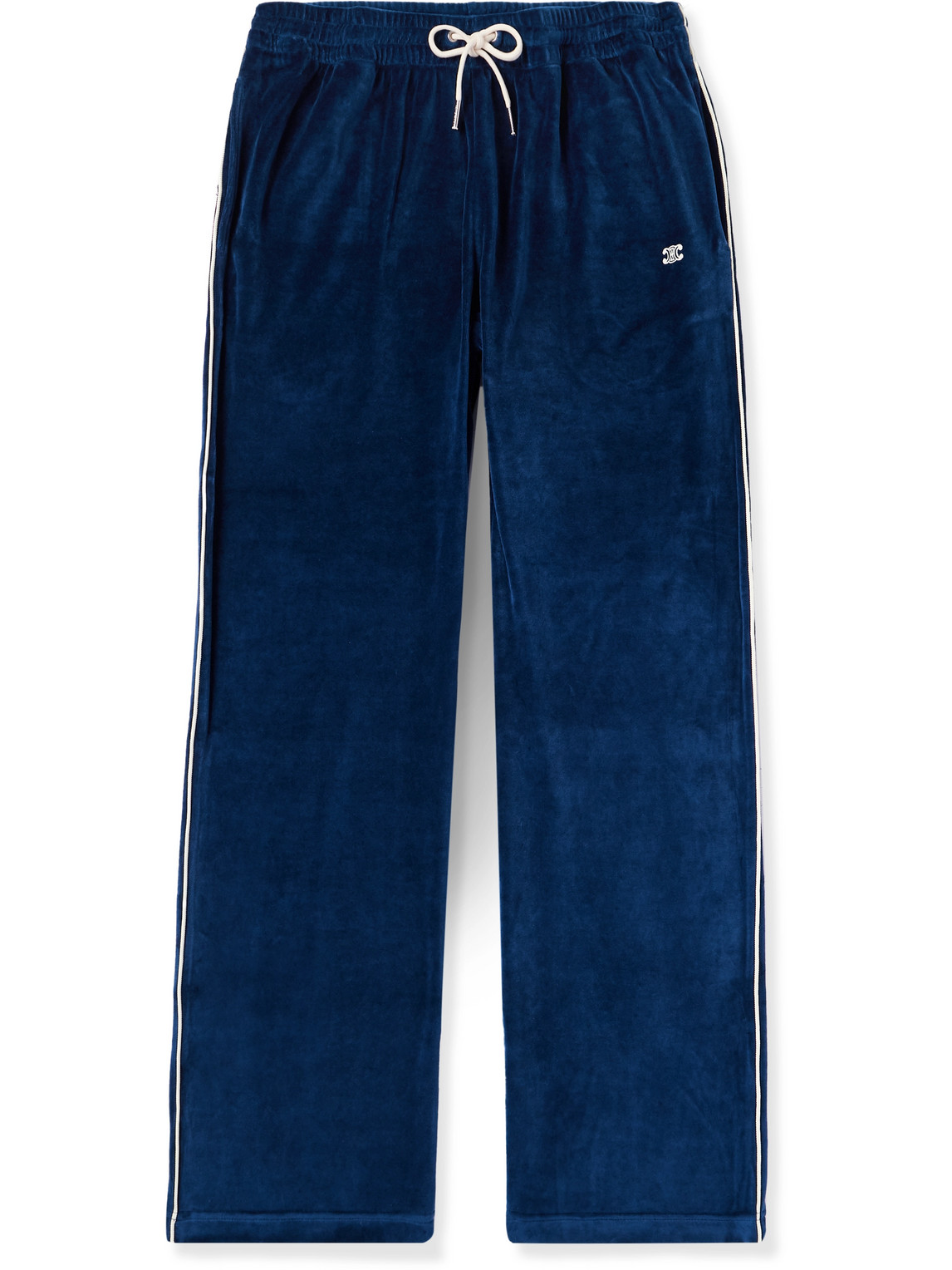 Celine Straight-leg Logo-embroidered Cotton-blend Velour Track Pants In Blue