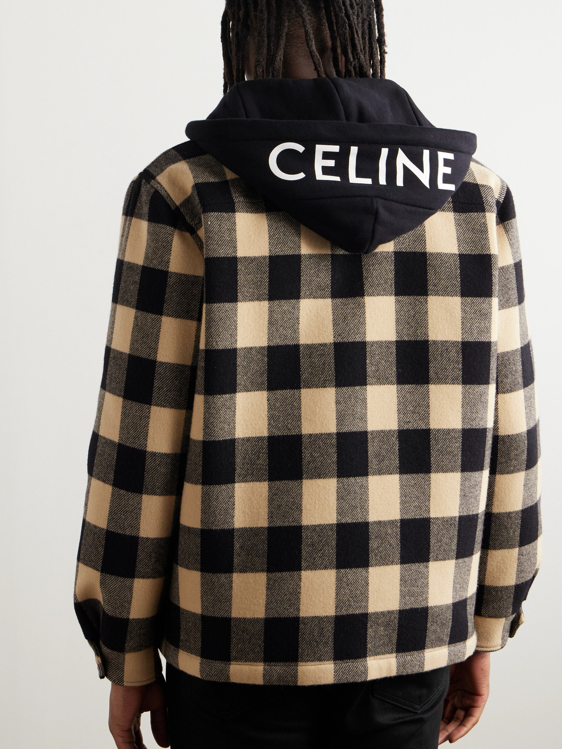 Celine Logo-print Cotton Jersey-trimmed Padded Checked Wool Hooded Overshirt In Neutral